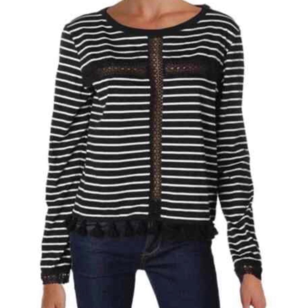 N/ Nicholas Black White Stripe Tassel Fringe Long Sleeve Top